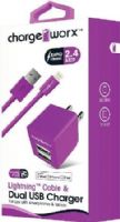 Chargeworx CX3035VT Lightning Sync Cable & 2.4A Dual USB Wall Chargers, Violet; For iPhone 5/5S/5C, 6/6 Plus and iPod; Charge & sync cable; 3.3ft / 1m cord length; USB wall charger (110/240V); 2 USB ports; Foldable Plug; Total Output 5V - 2.4Amp; UPC 643620303559 (CX-3035VT CX 3035VT CX3035V CX3035) 