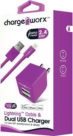 Chargeworx CX3035VT Lightning Sync Cable & 2.4A Dual USB Wall Chargers, Violet; For iPhone 5/5S/5C, 6/6 Plus and iPod; Charge & sync cable; 3.3ft / 1m cord length; USB wall charger (110/240V); 2 USB ports; Foldable Plug; Total Output 5V - 2.4Amp; UPC 643620303559 (CX-3035VT CX 3035VT CX3035V CX3035)