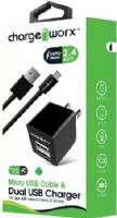 Chargeworx CX3038BK Micro USB Sync Cable & 2.4A Dual USB Wall Chargers, Black For use with with smartphones, tablets and most Micro USB devices; USB wall charger (110/240V); 2 USB ports; Foldable Plug; Total Output 5V - 2.4Amp; 3.3ft / 1m cord length, UPC 643620303801 (CX-3038BK CX 3038BK CX3038B CX3038) 