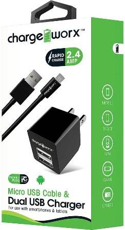 Chargeworx CX3038BK Micro USB Sync Cable & 2.4A Dual USB Wall Chargers, Black For use with with smartphones, tablets and most Micro USB devices; USB wall charger (110/240V); 2 USB ports; Foldable Plug; Total Output 5V - 2.4Amp; 3.3ft / 1m cord length, UPC 643620303801 (CX-3038BK CX 3038BK CX3038B CX3038)