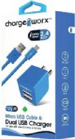 Chargeworx CX3038BL Micro USB Sync Cable & 2.4A Dual USB Wall Chargers, Blue For use with with smartphones, tablets and most Micro USB devices; USB wall charger (110/240V); 2 USB ports; Foldable Plug; Total Output 5V - 2.4Amp; 3.3ft / 1m cord length, UPC 643620303825 (CX-3038BL CX 3038BL CX3038B CX3038) 
