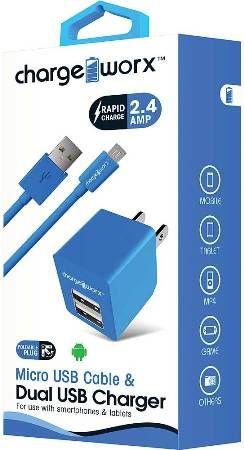 Chargeworx CX3038BL Micro USB Sync Cable & 2.4A Dual USB Wall Chargers, Blue For use with with smartphones, tablets and most Micro USB devices; USB wall charger (110/240V); 2 USB ports; Foldable Plug; Total Output 5V - 2.4Amp; 3.3ft / 1m cord length, UPC 643620303825 (CX-3038BL CX 3038BL CX3038B CX3038)