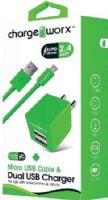 Chargeworx CX3038GN Micro USB Sync Cable & 2.4A Dual USB Wall Chargers, Green For use with with smartphones, tablets and most Micro USB devices; USB wall charger (110/240V); 2 USB ports; Foldable Plug; Total Output 5V - 2.4Amp; 3.3ft / 1m cord length, UPC 643620303832 (CX-3038GN CX 3038GN CX3038G CX3038) 