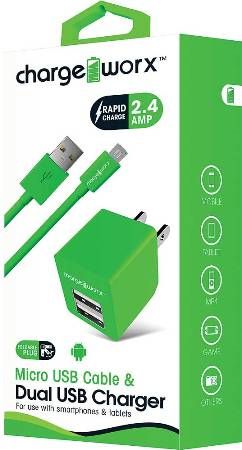 Chargeworx CX3038GN Micro USB Sync Cable & 2.4A Dual USB Wall Chargers, Green For use with with smartphones, tablets and most Micro USB devices; USB wall charger (110/240V); 2 USB ports; Foldable Plug; Total Output 5V - 2.4Amp; 3.3ft / 1m cord length, UPC 643620303832 (CX-3038GN CX 3038GN CX3038G CX3038)
