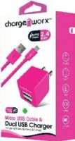 Chargeworx CX3038PK Micro USB Sync Cable & 2.4A Dual USB Wall Chargers, Pink For use with with smartphones, tablets and most Micro USB devices; USB wall charger (110/240V); 2 USB ports; Foldable Plug; Total Output 5V - 2.4Amp; 3.3ft / 1m cord length, UPC 643620303849 (CX-3038PK CX 3038PK CX3038P CX3038) 