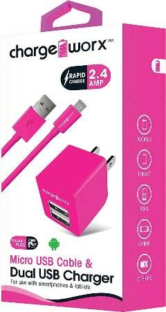 Chargeworx CX3038PK Micro USB Sync Cable & 2.4A Dual USB Wall Chargers, Pink For use with with smartphones, tablets and most Micro USB devices; USB wall charger (110/240V); 2 USB ports; Foldable Plug; Total Output 5V - 2.4Amp; 3.3ft / 1m cord length, UPC 643620303849 (CX-3038PK CX 3038PK CX3038P CX3038)