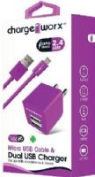 Chargeworx CX3038VT Micro USB Sync Cable & 2.4A Dual USB Wall Chargers, Violet For use with with smartphones, tablets and most Micro USB devices; USB wall charger (110/240V); 2 USB ports; Foldable Plug; Total Output 5V - 2.4Amp; 3.3ft / 1m cord length, UPC 643620303856 (CX-3038VT CX 3038VT CX3038V CX3038) 