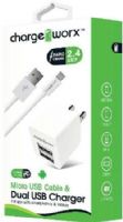 Chargeworx CX3038WH Micro USB Sync Cable & 2.4A Dual USB Wall Chargers, White For use with with smartphones, tablets and most Micro USB devices; USB wall charger (110/240V); 2 USB ports; Foldable Plug; Total Output 5V - 2.4Amp; 3.3ft / 1m cord length, UPC 643620303863 (CX-3038WH CX 3038WH CX3038W CX3038) 