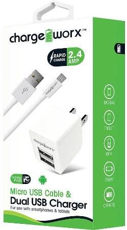 Chargeworx CX3038WH Micro USB Sync Cable & 2.4A Dual USB Wall Chargers, White For use with with smartphones, tablets and most Micro USB devices; USB wall charger (110/240V); 2 USB ports; Foldable Plug; Total Output 5V - 2.4Amp; 3.3ft / 1m cord length, UPC 643620303863 (CX-3038WH CX 3038WH CX3038W CX3038)