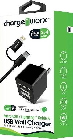 Chargeworx CX3047BK Micro USB/Lightning Sync Cable & 2.4A Dual USB Wall Chargers, Black; For iPhone 5/5S/5C & 6/6 Plus, iPod and most Micro USB devices; Charge & sync cable; USB wall charger (110/240V); 2 USB ports; Foldable Plug; Total Output 5V - 2.4Amp; 3.3ft/1m cord length; UPC 643620304709 (CX-3047BK CX 3047BK CX3047B CX3047)