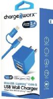 Chargeworx CX3047BL Micro USB/Lightning Sync Cable & 2.4A Dual USB Wall Chargers, Blue; For iPhone 5/5S/5C & 6/6 Plus, iPod and most Micro USB devices; Charge & sync cable; USB wall charger (110/240V); 2 USB ports; Foldable Plug; Total Output 5V - 2.4Amp; 3.3ft/1m cord length; UPC 643620304723 (CX-3047BL CX 3047BL CX3047B CX3047) 