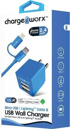 Chargeworx CX3047BL Micro USB/Lightning Sync Cable & 2.4A Dual USB Wall Chargers, Blue; For iPhone 5/5S/5C & 6/6 Plus, iPod and most Micro USB devices; Charge & sync cable; USB wall charger (110/240V); 2 USB ports; Foldable Plug; Total Output 5V - 2.4Amp; 3.3ft/1m cord length; UPC 643620304723 (CX-3047BL CX 3047BL CX3047B CX3047)