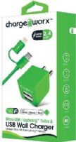 Chargeworx CX3047GN Micro USB/Lightning Sync Cable & 2.4A Dual USB Wall Chargers, Green; For iPhone 5/5S/5C & 6/6 Plus, iPod and most Micro USB devices; Charge & sync cable; USB wall charger (110/240V); 2 USB ports; Foldable Plug; Total Output 5V - 2.4Amp; 3.3ft/1m cord length; UPC 643620304730 (CX-3047GN CX 3047GN CX3047G CX3047) 