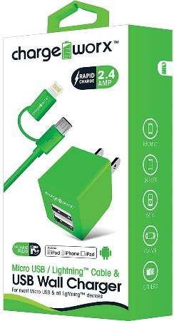 Chargeworx CX3047GN Micro USB/Lightning Sync Cable & 2.4A Dual USB Wall Chargers, Green; For iPhone 5/5S/5C & 6/6 Plus, iPod and most Micro USB devices; Charge & sync cable; USB wall charger (110/240V); 2 USB ports; Foldable Plug; Total Output 5V - 2.4Amp; 3.3ft/1m cord length; UPC 643620304730 (CX-3047GN CX 3047GN CX3047G CX3047)
