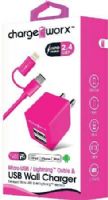 Chargeworx CX3047PK Micro USB/Lightning Sync Cable & 2.4A Dual USB Wall Chargers, Pink; For iPhone 5/5S/5C & 6/6 Plus, iPod and most Micro USB devices; Charge & sync cable; USB wall charger (110/240V); 2 USB ports; Foldable Plug; Total Output 5V - 2.4Amp; 3.3ft/1m cord length; UPC 643620304747 (CX-3047PK CX 3047PK CX3047P CX3047) 
