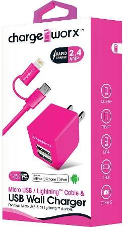 Chargeworx CX3047PK Micro USB/Lightning Sync Cable & 2.4A Dual USB Wall Chargers, Pink; For iPhone 5/5S/5C & 6/6 Plus, iPod and most Micro USB devices; Charge & sync cable; USB wall charger (110/240V); 2 USB ports; Foldable Plug; Total Output 5V - 2.4Amp; 3.3ft/1m cord length; UPC 643620304747 (CX-3047PK CX 3047PK CX3047P CX3047)