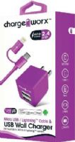 Chargeworx CX3047VT Micro USB/Lightning Sync Cable & 2.4A Dual USB Wall Chargers, Violet; For iPhone 5/5S/5C & 6/6 Plus, iPod and most Micro USB devices; Charge & sync cable; USB wall charger (110/240V); 2 USB ports; Foldable Plug; Total Output 5V - 2.4Amp; 3.3ft/1m cord length; UPC 643620304754 (CX-3047VT CX 3047VT CX3047V CX3047) 