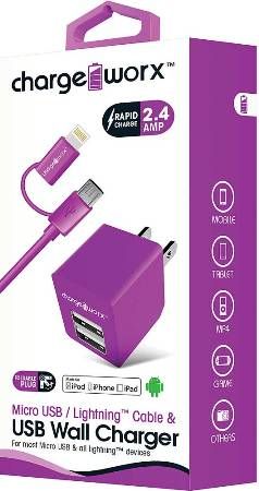 Chargeworx CX3047VT Micro USB/Lightning Sync Cable & 2.4A Dual USB Wall Chargers, Violet; For iPhone 5/5S/5C & 6/6 Plus, iPod and most Micro USB devices; Charge & sync cable; USB wall charger (110/240V); 2 USB ports; Foldable Plug; Total Output 5V - 2.4Amp; 3.3ft/1m cord length; UPC 643620304754 (CX-3047VT CX 3047VT CX3047V CX3047)