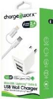 Chargeworx CX3047WH Micro USB/Lightning Sync Cable & 2.4A Dual USB Wall Chargers, White; For iPhone 5/5S/5C & 6/6 Plus, iPod and most Micro USB devices; Charge & sync cable; USB wall charger (110/240V); 2 USB ports; Foldable Plug; Total Output 5V - 2.4Amp; 3.3ft/1m cord length; UPC 643620304761 (CX-3047WH CX 3047WH CX3047W CX3047) 