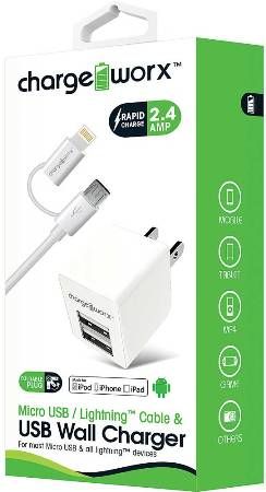 Chargeworx CX3047WH Micro USB/Lightning Sync Cable & 2.4A Dual USB Wall Chargers, White; For iPhone 5/5S/5C & 6/6 Plus, iPod and most Micro USB devices; Charge & sync cable; USB wall charger (110/240V); 2 USB ports; Foldable Plug; Total Output 5V - 2.4Amp; 3.3ft/1m cord length; UPC 643620304761 (CX-3047WH CX 3047WH CX3047W CX3047)