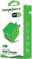 Chargeworx CX3048GN Dual USB Wall Charger, Green For use with smartphones, tablets and most USB devices; Compact, durable, innovative design; Wall socket USB charger; 2 USB ports; Foldable Plug; Power Input 110/240; Total Output 5V - 2.1A; UPC 643620304839 (CX-3048GN CX 3048GN CX3048G CX3048) 