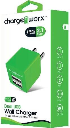 Chargeworx CX3048GN Dual USB Wall Charger, Green For use with smartphones, tablets and most USB devices; Compact, durable, innovative design; Wall socket USB charger; 2 USB ports; Foldable Plug; Power Input 110/240; Total Output 5V - 2.1A; UPC 643620304839 (CX-3048GN CX 3048GN CX3048G CX3048)