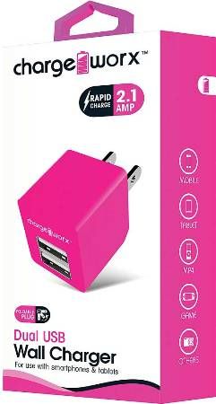 Chargeworx CX3048PK Dual USB Wall Charger, Pink For use with smartphones, tablets and most USB devices; Compact, durable, innovative design; Wall socket USB charger; 2 USB ports; Foldable Plug; Power Input 110/240; Total Output 5V - 2.1A; UPC 643620304846 (CX-3048PK CX 3048PK CX3048P CX3048)