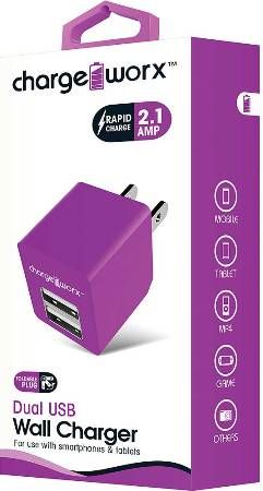 Chargeworx CX3048VT Dual USB Wall Charger, Violet For use with smartphones, tablets and most USB devices; Compact, durable, innovative design; Wall socket USB charger; 2 USB ports; Foldable Plug; Power Input 110/240; Total Output 5V - 2.1A; UPC 643620304853 (CX-3048VT CX 3048VT CX3048V CX3048)