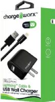 Chargeworx CX3102BK Lightning Sync Cable & USB Wall Charger, Black; For iPhone 5/5S/5C, 6/6 Plus and iPod; Charge & Sync cable; 3.3ft / 1m cord length; Wall socket USB charger; Compatible with most USB devices; 1 USB port; Power Input 110/240V; Total Output 5V - 1.0A; UPC 643620310205 (CX-3102BK CX 3102BK CX3102B CX3102) 