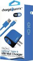 Chargeworx CX3102BL Lightning Sync Cable & USB Wall Charger, Blue; For iPhone 5/5S/5C, 6/6 Plus and iPod; Charge & Sync cable; 3.3ft / 1m cord length; Wall socket USB charger; Compatible with most USB devices; 1 USB port; Power Input 110/240V; Total Output 5V - 1.0A; UPC 643620310229 (CX-3102BL CX 3102BL CX3102B CX3102) 