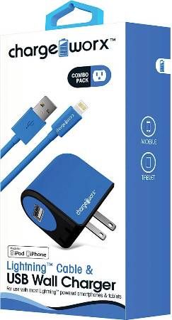 Chargeworx CX3102BL Lightning Sync Cable & USB Wall Charger, Blue; For iPhone 5/5S/5C, 6/6 Plus and iPod; Charge & Sync cable; 3.3ft / 1m cord length; Wall socket USB charger; Compatible with most USB devices; 1 USB port; Power Input 110/240V; Total Output 5V - 1.0A; UPC 643620310229 (CX-3102BL CX 3102BL CX3102B CX3102)