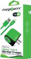 Chargeworx CX3102GN Lightning Sync Cable & USB Wall Charger, Green; For iPhone 5/5S/5C, 6/6 Plus and iPod; Charge & Sync cable; 3.3ft / 1m cord length; Wall socket USB charger; Compatible with most USB devices; 1 USB port; Power Input 110/240V; Total Output 5V - 1.0A; UPC 643620310236 (CX-3102GN CX 3102GN CX3102G CX3102) 
