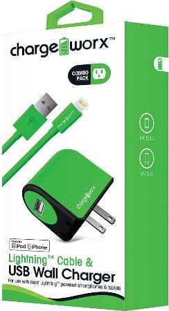 Chargeworx CX3102GN Lightning Sync Cable & USB Wall Charger, Green; For iPhone 5/5S/5C, 6/6 Plus and iPod; Charge & Sync cable; 3.3ft / 1m cord length; Wall socket USB charger; Compatible with most USB devices; 1 USB port; Power Input 110/240V; Total Output 5V - 1.0A; UPC 643620310236 (CX-3102GN CX 3102GN CX3102G CX3102)