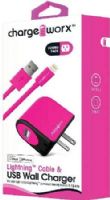 Chargeworx CX3102PK Lightning Sync Cable & USB Wall Charger, Pink; For iPhone 5/5S/5C, 6/6 Plus and iPod; Charge & Sync cable; 3.3ft / 1m cord length; Wall socket USB charger; Compatible with most USB devices; 1 USB port; Power Input 110/240V; Total Output 5V - 1.0A; UPC 643620310243 (CX-3102PK CX 3102PK CX3102P CX3102) 