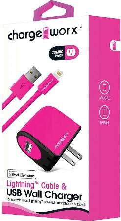 Chargeworx CX3102PK Lightning Sync Cable & USB Wall Charger, Pink; For iPhone 5/5S/5C, 6/6 Plus and iPod; Charge & Sync cable; 3.3ft / 1m cord length; Wall socket USB charger; Compatible with most USB devices; 1 USB port; Power Input 110/240V; Total Output 5V - 1.0A; UPC 643620310243 (CX-3102PK CX 3102PK CX3102P CX3102)