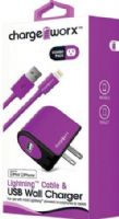 Chargeworx CX3102VT Lightning Sync Cable & USB Wall Charger, Violet; For iPhone 5/5S/5C, 6/6 Plus and iPod; Charge & Sync cable; 3.3ft / 1m cord length; Wall socket USB charger; Compatible with most USB devices; 1 USB port; Power Input 110/240V; Total Output 5V - 1.0A; UPC 643620310250 (CX-3102VT CX 3102VT CX3102V CX3102) 