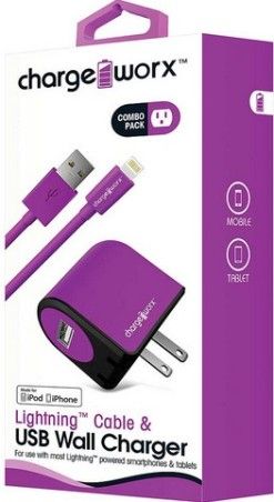 Chargeworx CX3102VT Lightning Sync Cable & USB Wall Charger, Violet; For iPhone 5/5S/5C, 6/6 Plus and iPod; Charge & Sync cable; 3.3ft / 1m cord length; Wall socket USB charger; Compatible with most USB devices; 1 USB port; Power Input 110/240V; Total Output 5V - 1.0A; UPC 643620310250 (CX-3102VT CX 3102VT CX3102V CX3102)