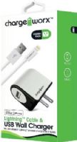 Chargeworx CX3102WH Lightning Sync Cable & USB Wall Charger, White; For iPhone 5/5S/5C, 6/6 Plus and iPod; Charge & Sync cable; 3.3ft / 1m cord length; Wall socket USB charger; Compatible with most USB devices; 1 USB port; Power Input 110/240V; Total Output 5V - 1.0A; UPC 643620310267 (CX-3102WH CX 3102WH CX3102W CX3102) 