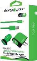 Chargeworx CX3103GN Lightning Sync Cable, USB Car & Wall Chargers, Green; For use with iPhone 5/5S/5C & 6/6 Plus, iPod, most smartphones & tablets; Charge & sync cable; USB car charger (12/24V); USB wall charger (110/240V); 1 USB port each; Total Output 5V - 1.0A; 3.3ft/1m cord length; UPC 643620310335 (CX-3103GN CX 3103GN CX3103G CX3103) 