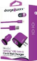 Chargeworx CX3103VT Lightning Sync Cable, USB Car & Wall Chargers, Violet; For use with iPhone 5/5S/5C & 6/6 Plus, iPod, most smartphones & tablets; Charge & sync cable; USB car charger (12/24V); USB wall charger (110/240V); 1 USB port each; Total Output 5V - 1.0A; 3.3ft/1m cord length; UPC 643620310359 (CX-3103VT CX 3103VT CX3103V CX3103) 