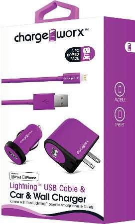 Chargeworx CX3103VT Lightning Sync Cable, USB Car & Wall Chargers, Violet; For use with iPhone 5/5S/5C & 6/6 Plus, iPod, most smartphones & tablets; Charge & sync cable; USB car charger (12/24V); USB wall charger (110/240V); 1 USB port each; Total Output 5V - 1.0A; 3.3ft/1m cord length; UPC 643620310359 (CX-3103VT CX 3103VT CX3103V CX3103)