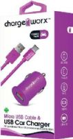 Chargeworx CX3107VT Micro USB Sync Cable & USB Car Charger, Violet For use with most Micro USB powered smartphones and tablets, Compact lighter socket USB charger, 1 USB port, LED charging indicator, Power Input 12/24V, Total Output 5V - 1.0A, 3.3ft / 1m cord length, UPC 643620310755 (CX-3107VT CX 3107VT CX3107V CX3107) 