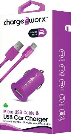 Chargeworx CX3107VT Micro USB Sync Cable & USB Car Charger, Violet For use with most Micro USB powered smartphones and tablets, Compact lighter socket USB charger, 1 USB port, LED charging indicator, Power Input 12/24V, Total Output 5V - 1.0A, 3.3ft / 1m cord length, UPC 643620310755 (CX-3107VT CX 3107VT CX3107V CX3107)