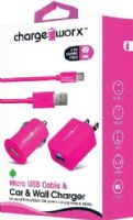 Chargeworx CX3109PK Micro USB Sync Cable, USB Car & Wall Chargers, Pink; For use with most Micro USB powered smartphones & tablets; Charge & sync cable; 3.3ft / 1m cord length; USB car charger (12/24V); USB wall charger (110/240V); 1 USB port each; Total Output 5V - 1.0A; UPC 643620310946 (CX-3109PK CX 3109PK CX3109P CX3109) 