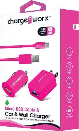 Chargeworx CX3109PK Micro USB Sync Cable, USB Car & Wall Chargers, Pink; For use with most Micro USB powered smartphones & tablets; Charge & sync cable; 3.3ft / 1m cord length; USB car charger (12/24V); USB wall charger (110/240V); 1 USB port each; Total Output 5V - 1.0A; UPC 643620310946 (CX-3109PK CX 3109PK CX3109P CX3109)