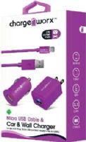 Chargeworx CX3109VT Micro USB Sync Cable, USB Car & Wall Chargers, Violet; For use with most Micro USB powered smartphones & tablets; Charge & sync cable; 3.3ft / 1m cord length; USB car charger (12/24V); USB wall charger (110/240V); 1 USB port each; Total Output 5V - 1.0A; UPC 643620310953 (CX-3109VT CX 3109VT CX3109V CX3109) 