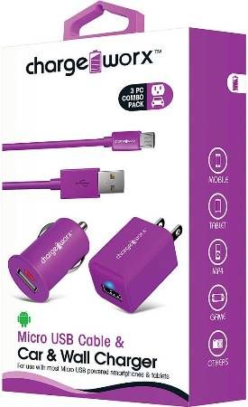 Chargeworx CX3109VT Micro USB Sync Cable, USB Car & Wall Chargers, Violet; For use with most Micro USB powered smartphones & tablets; Charge & sync cable; 3.3ft / 1m cord length; USB car charger (12/24V); USB wall charger (110/240V); 1 USB port each; Total Output 5V - 1.0A; UPC 643620310953 (CX-3109VT CX 3109VT CX3109V CX3109)