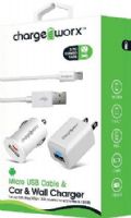 Chargeworx CX3109WH Micro USB Sync Cable, USB Car & Wall Chargers, White; For use with most Micro USB powered smartphones & tablets; Charge & sync cable; 3.3ft / 1m cord length; USB car charger (12/24V); USB wall charger (110/240V); 1 USB port each; Total Output 5V - 1.0A; UPC 643620310960 (CX-3109WH CX 3109WH CX3109W CX3109) 