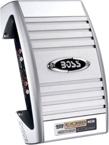 Boss Audio CX350 CHAOS EXXTREME 4 Channel Power Amplifier, 100 Watts Maximum Power 2 Ohm, 50 Watts RMS Power 4 Ohm, 90dB Signal-to-Noise Ratio, 0.05% THD, Pulse width modulated MOSFET power supply, Power LED and protection indicators, Tuned Bass EQ (0-18 dB bass boost), Bridgeable operation, Input voltage sensitivity selector (CX-350 CX 350)