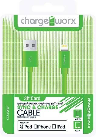 Chargeworx CX4500GN Lightning Sync & Charge Cable, Green; Made for iPhone 6/6 Plus, 5/5S/5C, iPad, iPad mini and iPod; Connect up-to 2 headphones on one device; 3.5mm audio jack; Extends up to 3ft/1m; Secure fit connectors; UPC 643620000519 (CX-4500GN CX 4500GN CX4500G CX4500)